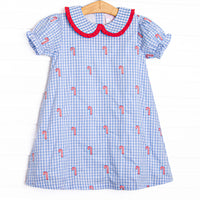 This dress features a blue gingham print, puff sleeves, and candy cane embroideries. 