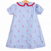 Candy Cane Craze Embroidered Dress, Blue Gingham