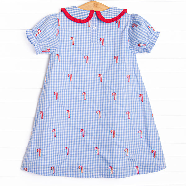 Candy Cane Craze Embroidered Dress, Blue Gingham