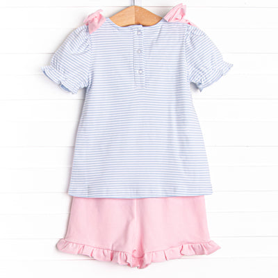 Saddler Pima Ruffle Short Set, Pink and Light Blue Stripe