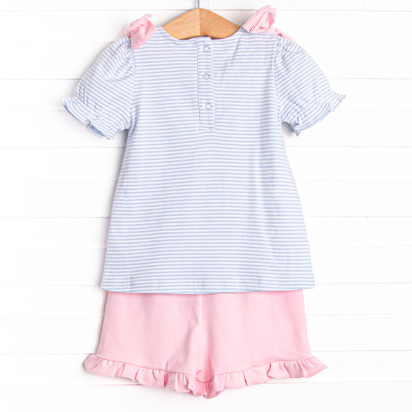 Saddler Pima Ruffle Short Set, Pink and Light Blue Stripe