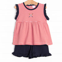 At the Ballpark Pima Embroidered Ruffle Short Set, Red Stripe
