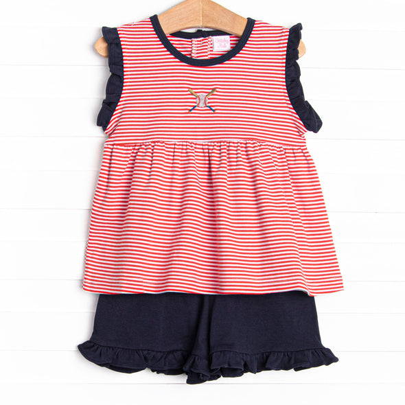 At the Ballpark Pima Embroidered Ruffle Short Set, Red Stripe