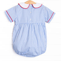 Santa Claus Craze Embroidered Bubble, Blue Gingham