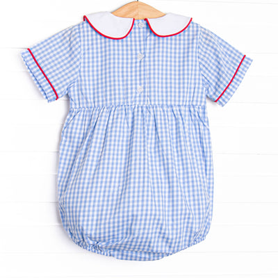 Santa Claus Craze Embroidered Bubble, Blue Gingham