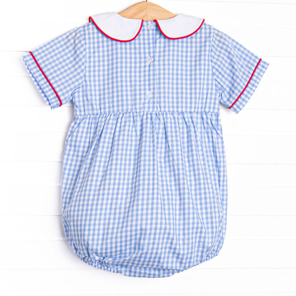 Santa Claus Craze Embroidered Bubble, Blue Gingham