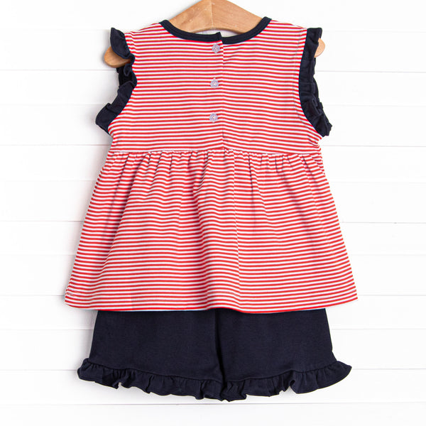 At the Ballpark Pima Embroidered Ruffle Short Set, Red Stripe