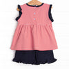 At the Ballpark Pima Embroidered Ruffle Short Set, Red Stripe