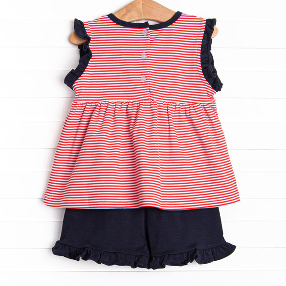 At the Ballpark Pima Embroidered Ruffle Short Set, Red Stripe