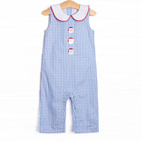 This Jon Jon features a blue gingham print, a peter pan collar with red pipping, and a trio of Santa embroideries.