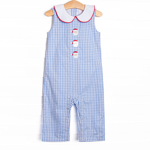 This Jon Jon features a blue gingham print, a peter pan collar with red pipping, and a trio of Santa embroideries.