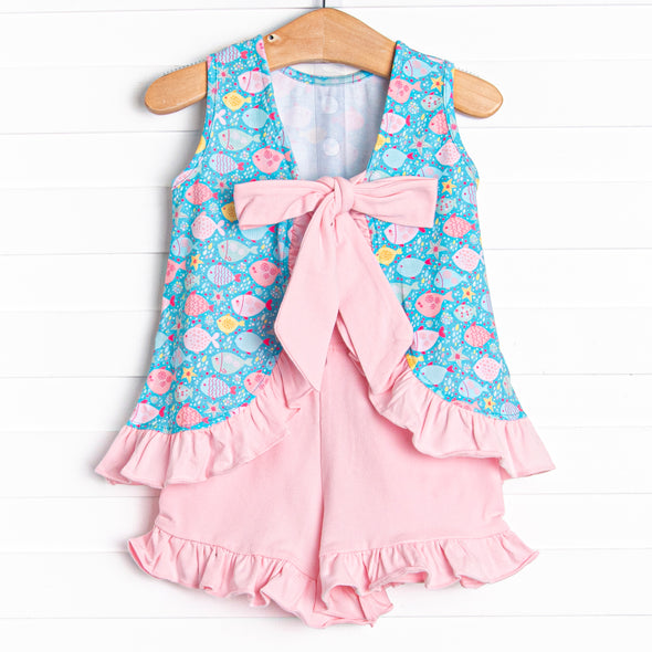 Shiny Scales Ruffle Short Set, Blue