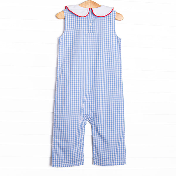 Santa Claus Craze Embroidered Jon Jon, Blue Gingham