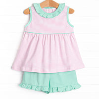 Louise Pima Ruffle Short Set, Mint and Light Pink Stripe