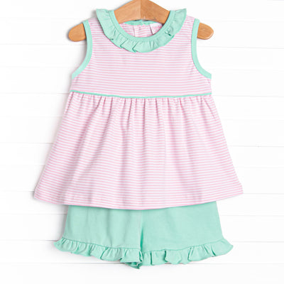Louise Pima Ruffle Short Set, Mint and Light Pink Stripe