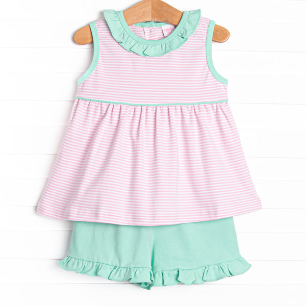 Louise Pima Ruffle Short Set, Mint and Light Pink Stripe