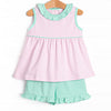 Louise Pima Ruffle Short Set, Mint and Light Pink Stripe