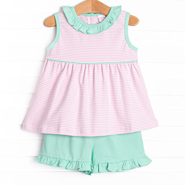 Louise Pima Ruffle Short Set, Mint and Light Pink Stripe