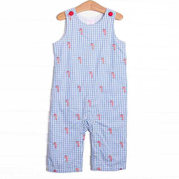  This Jon Jon features a blue gingham print, front covered buttons, and candy cane embroideries. 