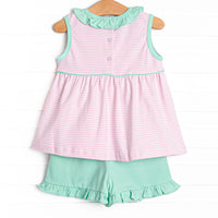 Louise Pima Ruffle Short Set, Mint and Light Pink Stripe