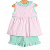 Louise Pima Ruffle Short Set, Mint and Light Pink Stripe