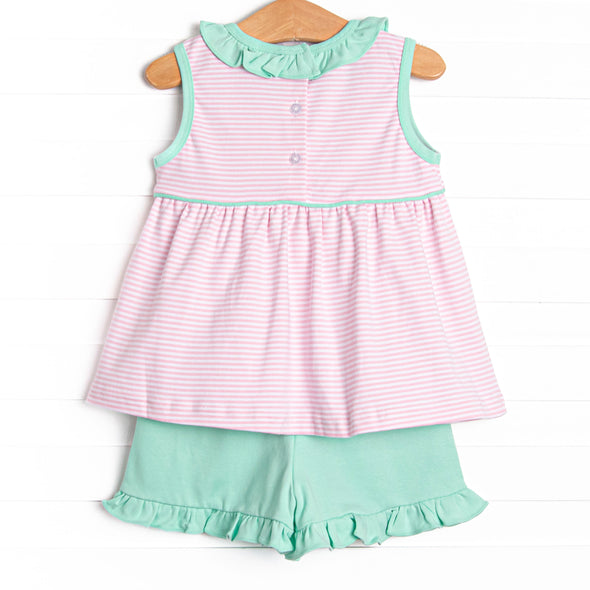 Louise Pima Ruffle Short Set, Mint and Light Pink Stripe