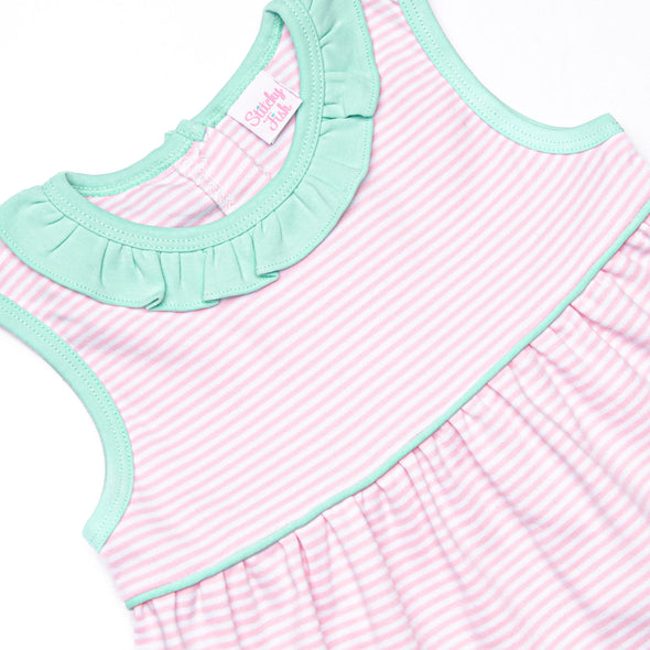 Louise Pima Ruffle Short Set, Mint and Light Pink Stripe