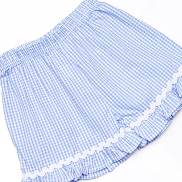 Spelling Bee Sweetie Applique Ruffle Short Set, Blue Gingham