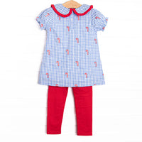 Candy Cane Craze Embroidered Legging Set, Blue Gingham