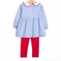 Santa Claus Craze Embroidered Legging Set, Blue Gingham