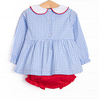 Santa Claus Craze Embroidered Diaper Set, Blue Gingham