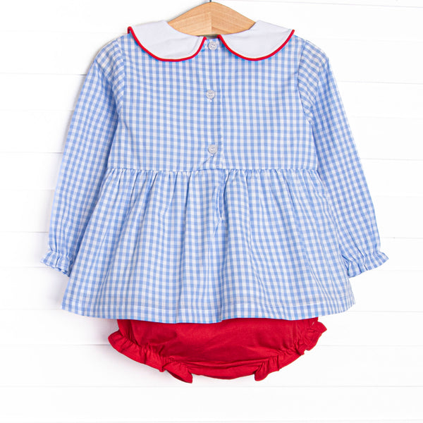 Santa Claus Craze Embroidered Diaper Set, Blue Gingham