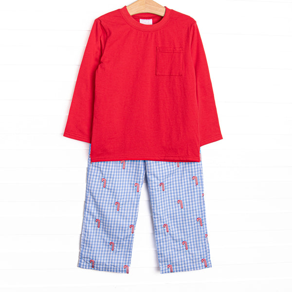  This set features a red long sleeve top and blue gingham pants with candy cane embroideries. 