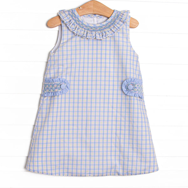 Bleu: Corinne Smocked Dress, Light Blue and Green Plaid