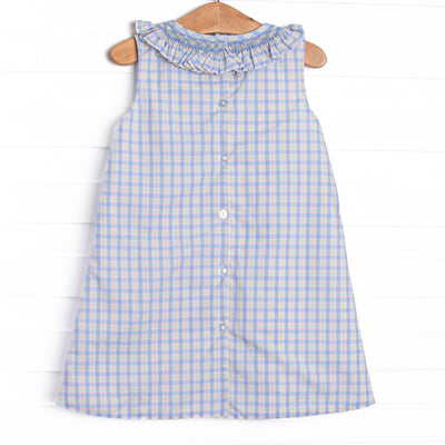 Bleu: Corinne Smocked Dress, Light Blue and Green Plaid