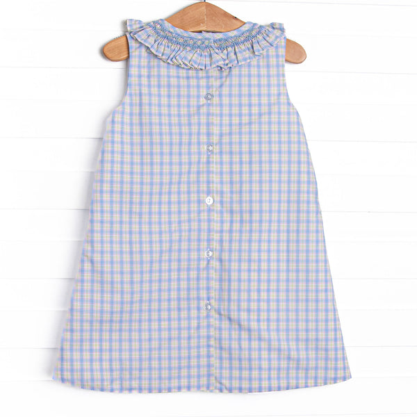Bleu: Corinne Smocked Dress, Light Blue and Green Plaid