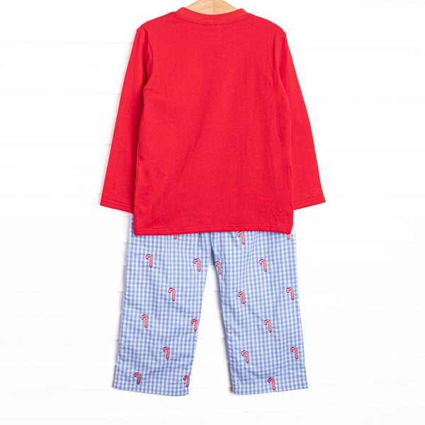Candy Cane Craze Embroidered Pant Set, Blue Gingham