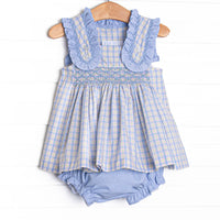 Bleu: Corinne Smocked Diaper Set, Light Blue and Green Plaid