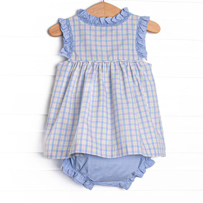 Bleu: Corinne Smocked Diaper Set, Light Blue and Green Plaid