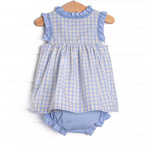 Bleu: Corinne Smocked Diaper Set, Light Blue and Green Plaid