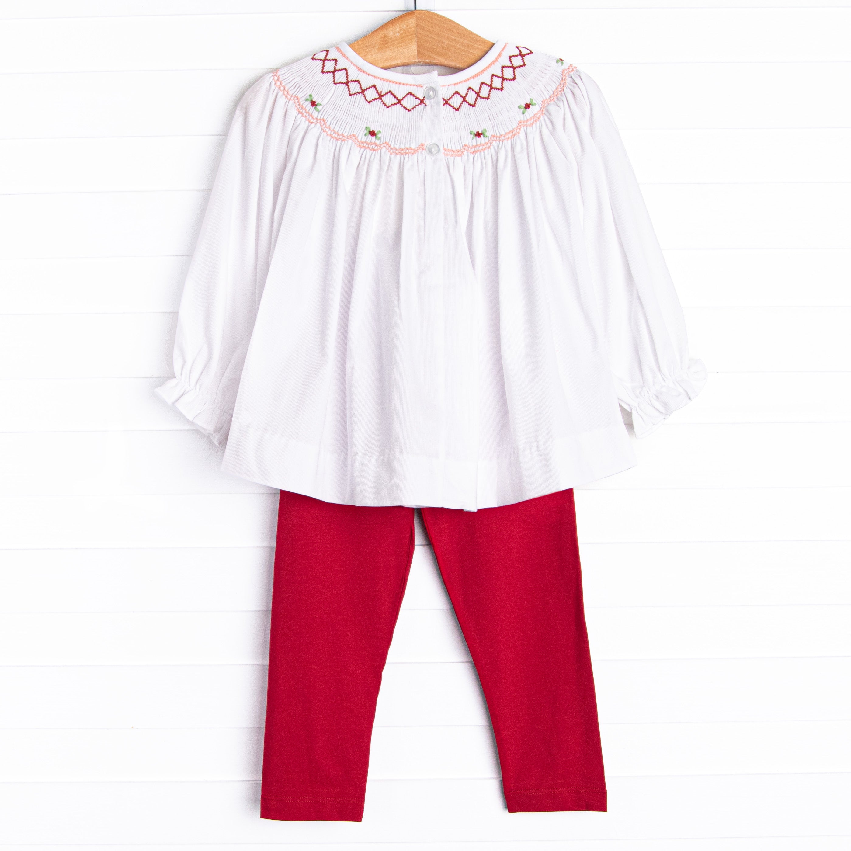 Red Roses Smocked Legging Set, Red Stitchy Fish