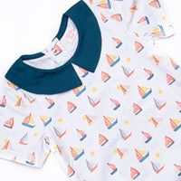 Sunset Sailing Collared Romper, Blue