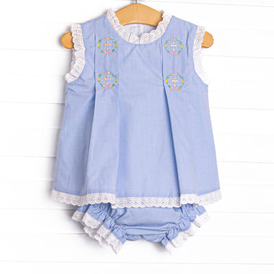 Bleu: Blossoms and Blessings Embroidered Pleated Diaper Set, Blue Gingham