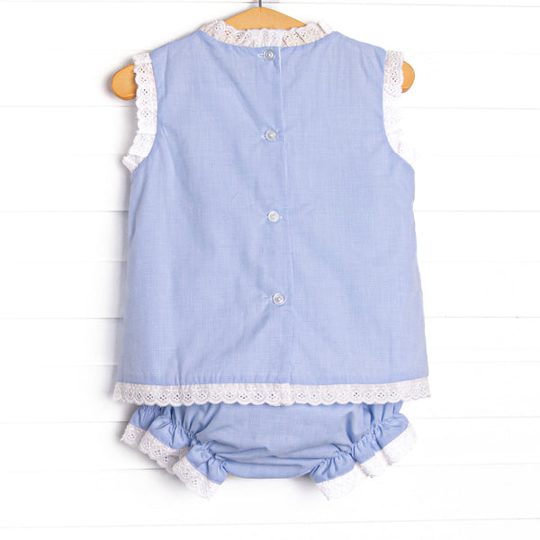 Bleu: Blossoms and Blessings Embroidered Pleated Diaper Set, Blue Gingham