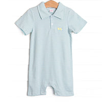 The romper features sweet mint stripes, extremely soft pima cotton, and an airplane embroidery.