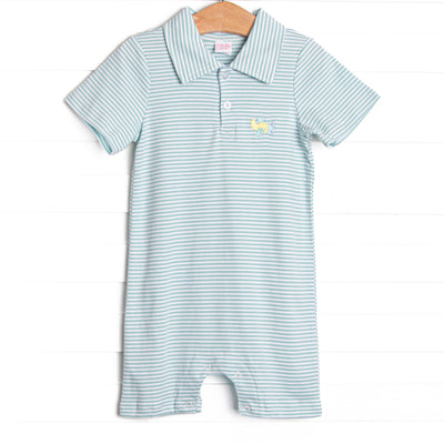 The romper features sweet mint stripes, extremely soft pima cotton, and an airplane embroidery.