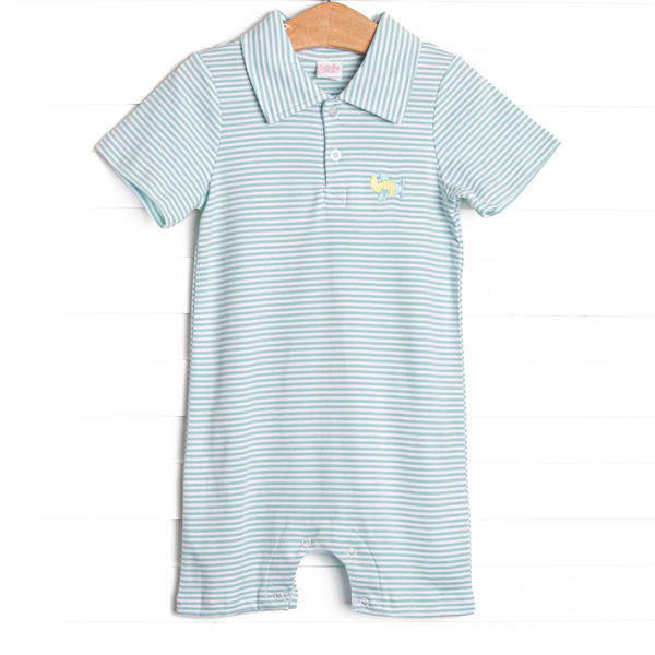The romper features sweet mint stripes, extremely soft pima cotton, and an airplane embroidery.