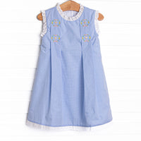 Bleu: Blossoms and Blessings Embroidered Pleated Dress, Blue Gingham