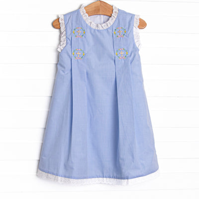 Bleu: Blossoms and Blessings Embroidered Pleated Dress, Blue Gingham