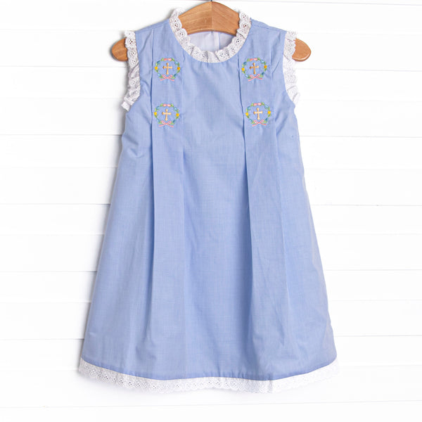 Bleu: Blossoms and Blessings Embroidered Pleated Dress, Blue Gingham